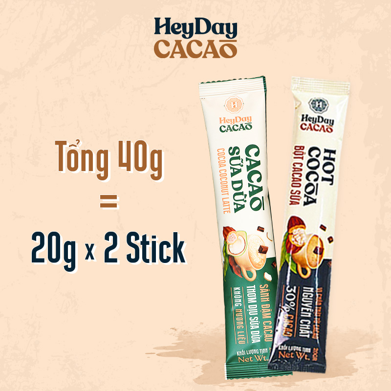 Combo 2 Gói 20g Bột Cacao Sữa Tiện Lợi và Bột Cacao Sữa Dừa Thuần Chay - Heyday Cacao