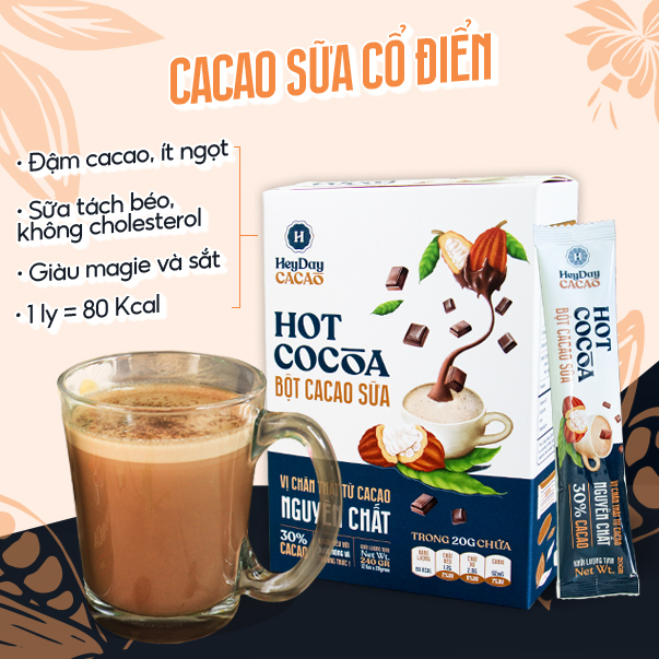 Combo 2 Gói 20g Bột Cacao Sữa Tiện Lợi và Bột Cacao Sữa Dừa Thuần Chay - Heyday Cacao