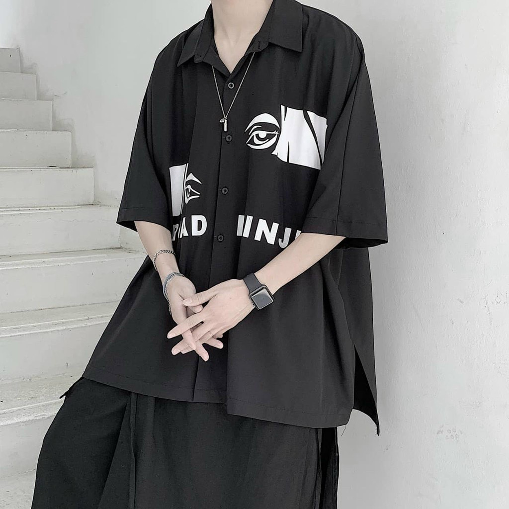 Áo sơ mi tay ngắn logo in MẮT chất lụa Hàn cao cấp dáng rộng mặc đi học đi chơi đi du lịch cực đẹp-shopsituoiteen