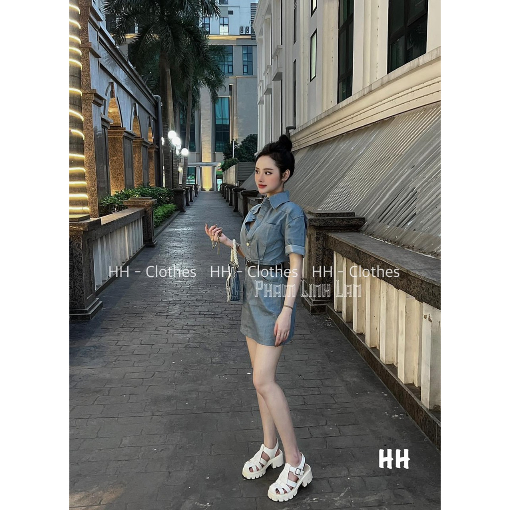 Váy bò cổ đức in chữ sau tặng đai lưng đầm denim tặng đai lưng HOTTREND 2023