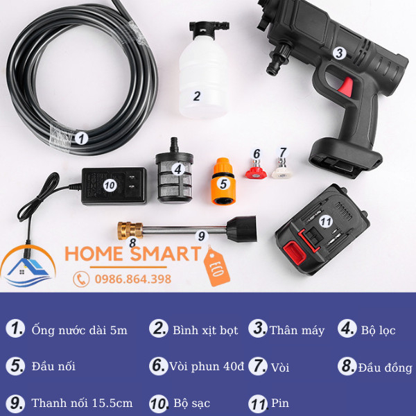Máy rửa xe gia đình,sử dụng pin Lithium áp lực nước lớn có tạo bọt,cơ động,rửa xe tưới cây vệ sinh sàn nhà tiện dụng