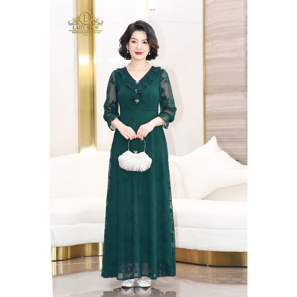 Đầm voan hoa nổi cổ bèo Ladyshop thời trang trung niên cao cấp T146