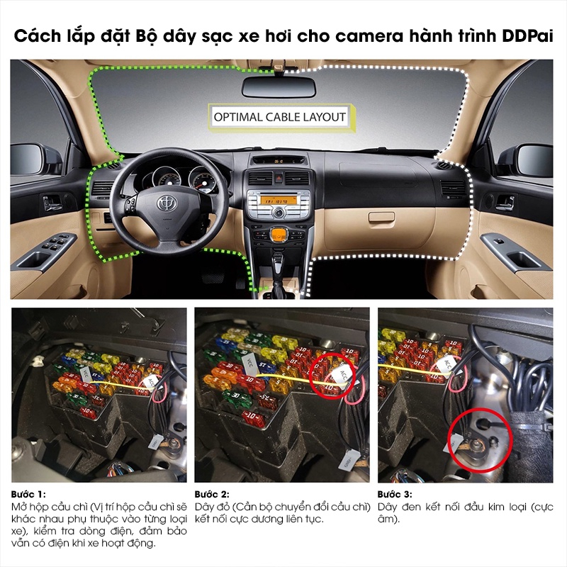 Bộ dây sạc xe hơi cho camera hành trình DDPai Mini/ Mini 5/ N3 / N3 Pro / Z40 / Điện áp đầu vào 12V/ 24V Hàng chính hãng