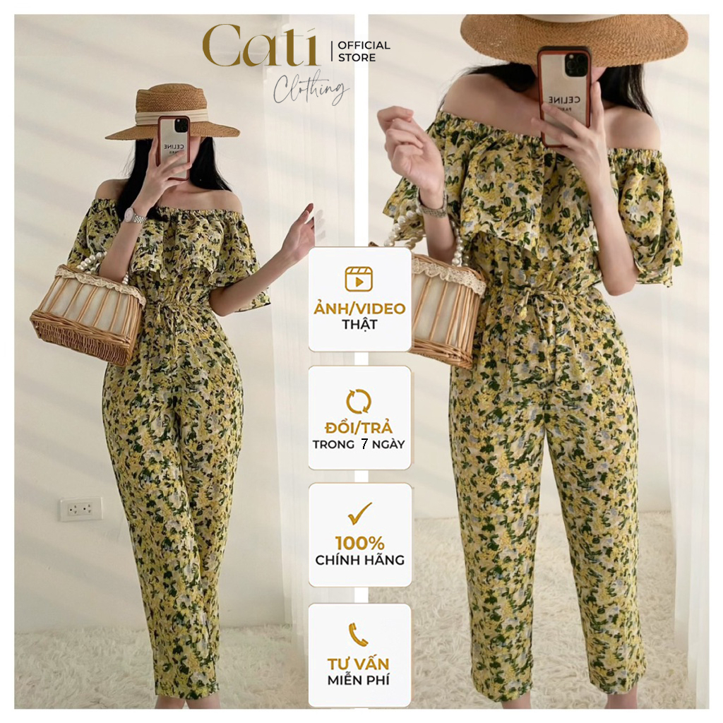 Jumpsuit Lụa Chun Eo A2097 Cổ Chun Trễ Vai Chất Lụa Mềm Mát Chun Eo Họa Tiết Hoa Nhiều Màu
