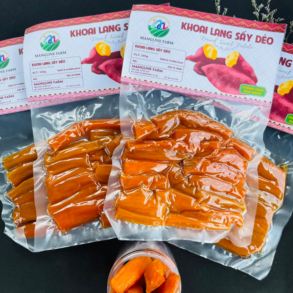 Khoai lang sấy dẻo nguyên củ không đường Mangline Farm 1Kg (4 gói 250g) mềm dẻo thơm ngon giảm cân ăn là ghiền