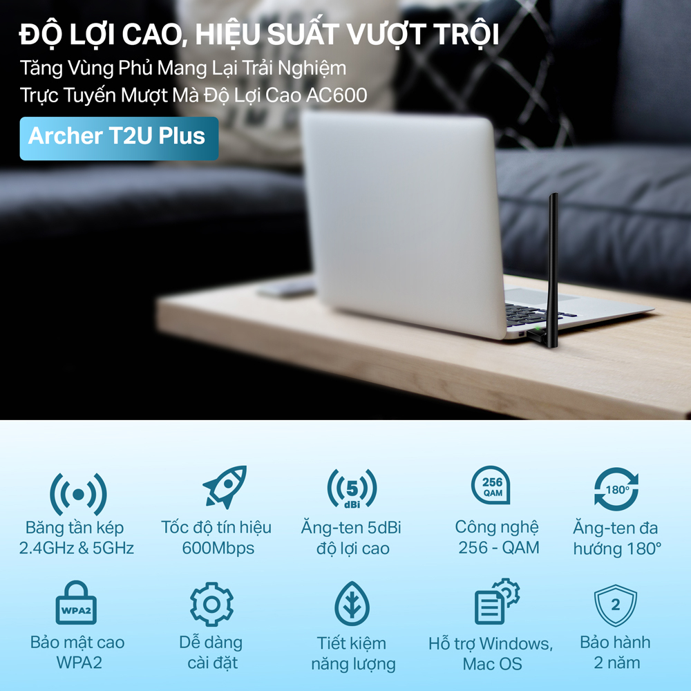 [Hỏa Tốc] Bộ Chuyển Đổi USB Wifi TP-Link Archer T2U Plus Băng Tần Kép Chuẩn AC 600Mbps