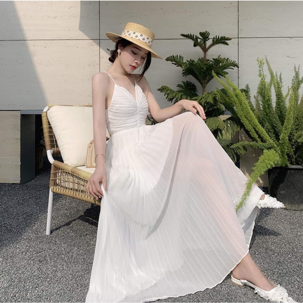 Đầm váy nữ 2 dây ly ngực dáng dài xếp ly bồng bềnh sang chảnh tiểu thư thời trang đi biển du lịch nữ tính gợi cảm LEVAN