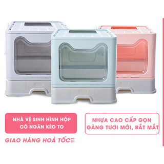 Nhà vệ sinh cho mèo cao cấp vuông lớn - Nhà vệ sinh 2 cửa chống văng cát có ngăn kéo cho mèo