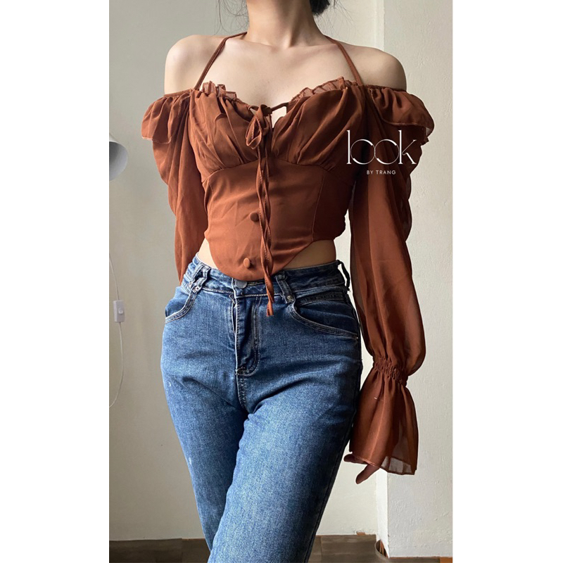 Croptop trễ vai dài tay nhún ngực vạt bầu vải voan chất mát thóng mồ hôi trang.look