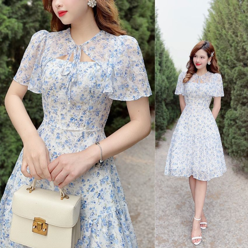 Váy hoa thiết kế thắt nơ màu nhẹ nhàng - XU XU SHOP - Đầm hoa voan tơ mềm mại phù hợp đi biển, đi chơi - ẢNH THẬT