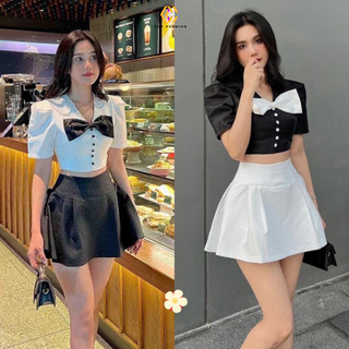 Sét Áo Croptop Cổ Nơ Mix Chân Váy Chữ A Dáng Ngắn Cun Fashion SACVBN
