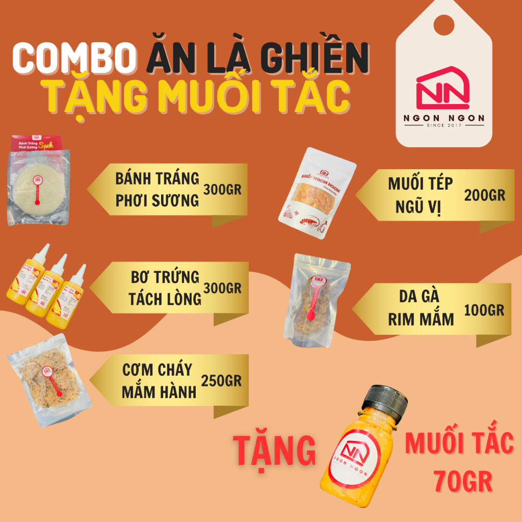 Combo Ăn Là Ghiền 300gr Bánh Tráng Phơi Sương - Cơm Cháy Mắm Hành- Da Gà Rim Mắm -200gr Muối Ngũ vị -300