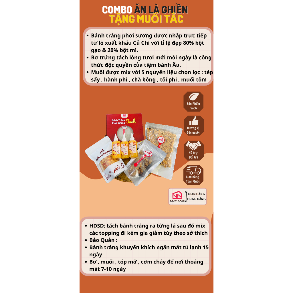 Combo Ăn Là Ghiền 300gr Bánh Tráng Phơi Sương - Cơm Cháy Mắm Hành- Da Gà Rim Mắm -200gr Muối Ngũ vị -300