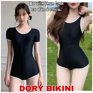 Bikini 1 mảnh Đồ bơi nữ liền mảnh CÀI KHÓA SAU khoét lưng màu đen viền trắng sporty nhiều DÁNG