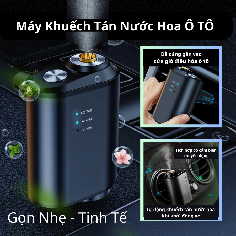 Máy khuếch tán tinh dầu thông minh cho xe hơi, máy xông tinh dầu tự động khử mùi ô tô (Tặng kèm tinh dầu chính hãng)