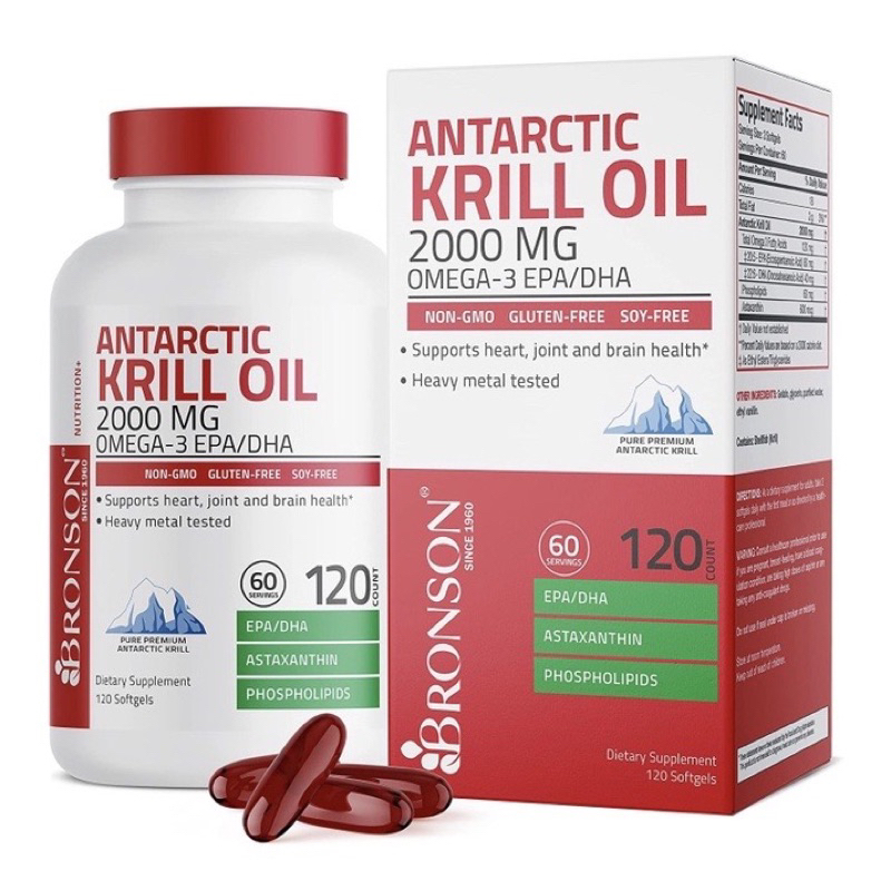 Dầu nhuyễn thể organic Bronson Antarctic Krill Oil 2000 mg 60v/120 viên USA