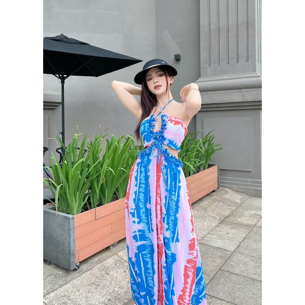 [Maxi] Đầm Maxi Phối Họa Tiết Trắng Xanh Cam Form Siêu Dài -Maxi Ngọc Lan