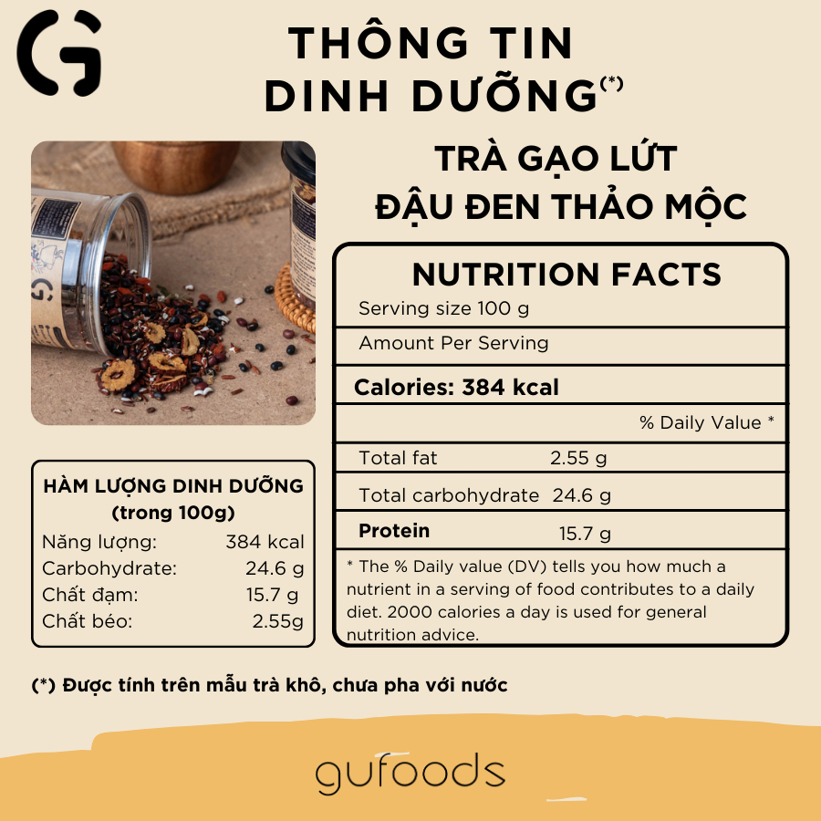 Combo 2 hũ Trà gạo lứt đậu đen GUfoods vị Thảo mộc/Mãng cầu/ Tim sen/ Khổ qua - Thanh nhiệt, Mát gan, Cải thiện giấc ngủ