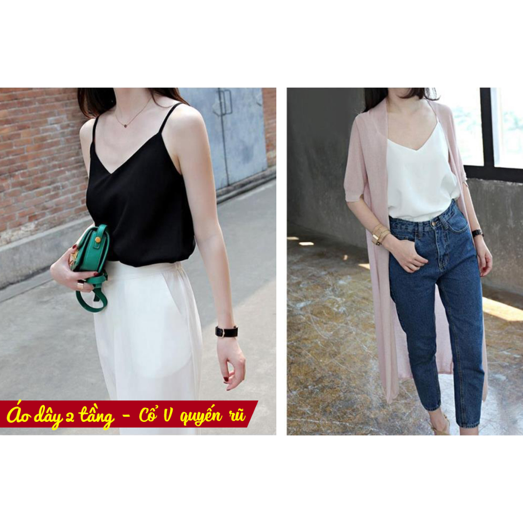 Áo hai dây lụa hai lớp cổ tim , Áo nữ dây dáng suông mặc mùa hè chất lụa mềm , mát , áo mặc trong vest , blazer,ADHL003