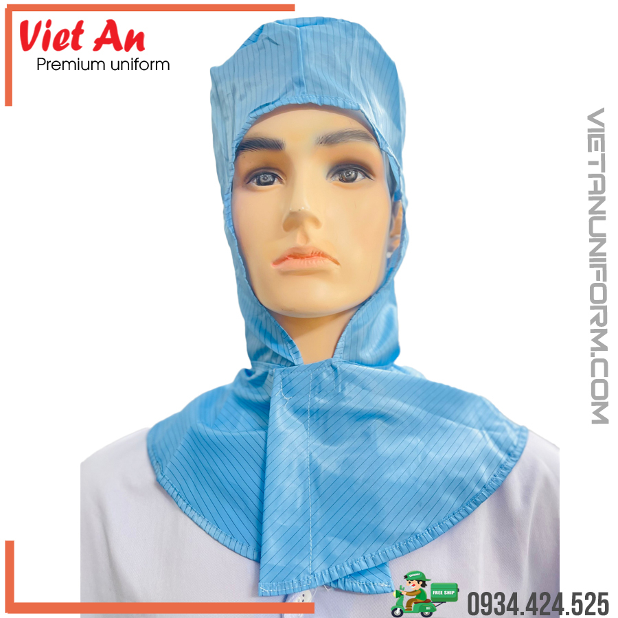 Nón trùm dán lưới tai phòng sạch xanh-trắng chống tĩnh điện