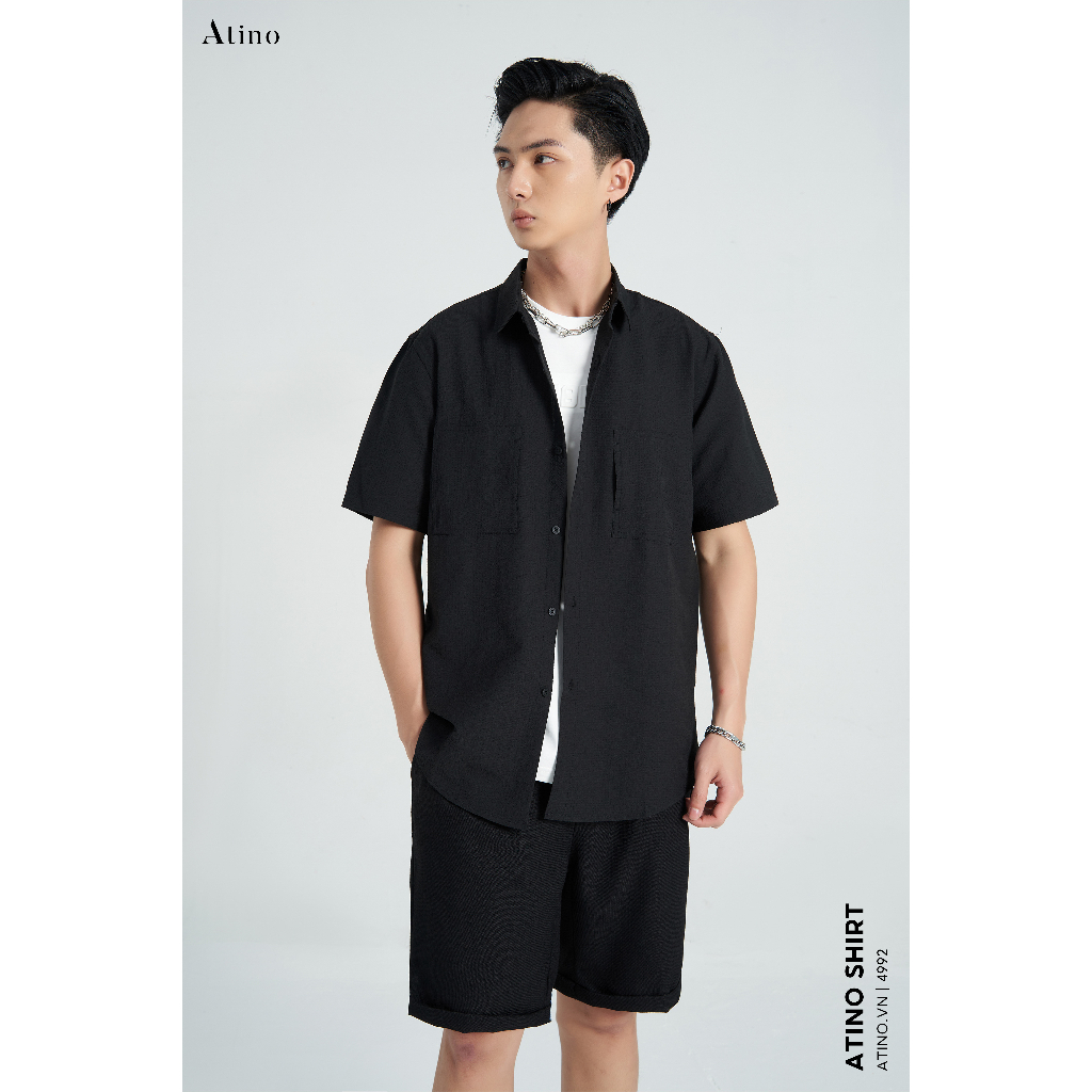 Áo sơ mi cộc tay Cuban Shirt nam Trơn ATINO vải lụa form regular SM2.4992