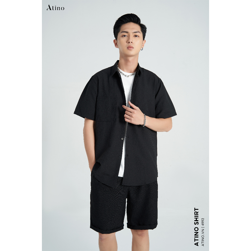 Áo sơ mi cộc tay Cuban Shirt nam Trơn ATINO vải lụa form regular SM2.4992