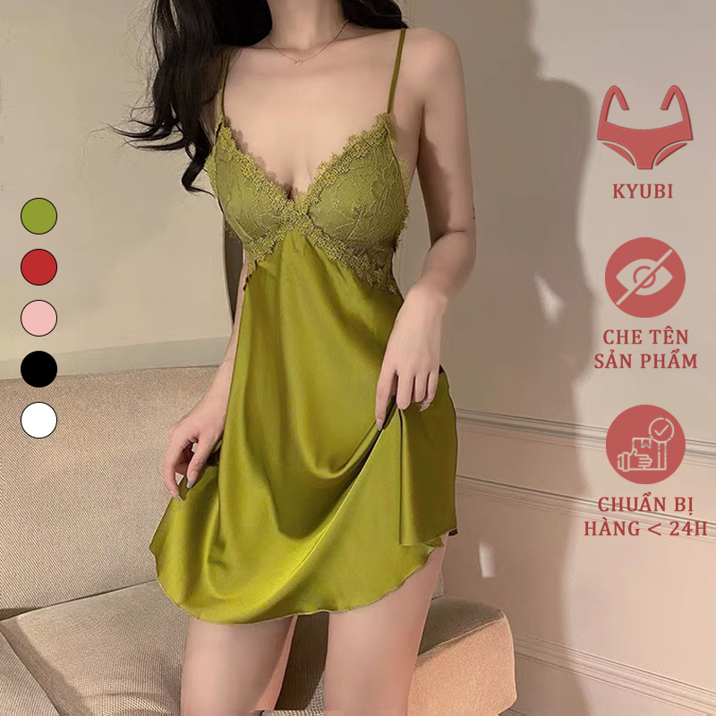Bộ đồ váy ngủ nữ lụa satin QUẢNG CHÂU siêu mát sexy KB39 có mút đệm ngực, đầm mặc nhà 2 dây quyến rũ gợi cảm