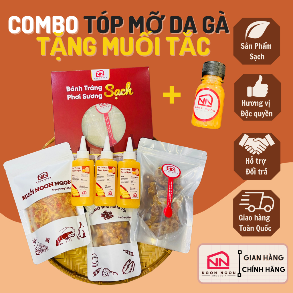 Combo Tóp Mỡ Da Gà 300gr Bánh Tráng Phơi Sương - Da Gà Rim Mắm-Tóp Mỡ  -200gr Muối Ngũ vị -200gr Bơ Ngon