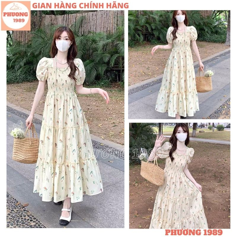 Váy maxi hoa nhí vàng bo chun ngực dáng xòe dài điệu đà, Đầm hoa dài tay bồng vintage form ôm tôn dáng cục xinh - 1989