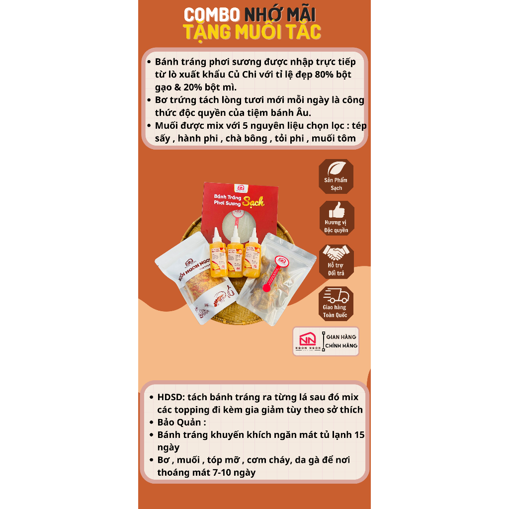 Combo Nhớ Mãi 300gr Bánh Tráng Phơi Sương - Da Gà Rim Mắm -200gr  Muối Ngũ vị -300gr Bơ Ngon