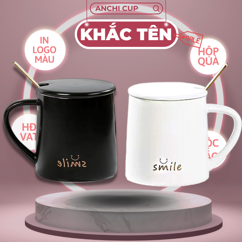 Ly sứ SMILE - HÌNH THẬT, cốc sứ IN HÌNH THEO YÊU CẦU CÓ NẮP và THÌA, dung tích 400ml - HỘP QUÀ TẶNG kèm gấu