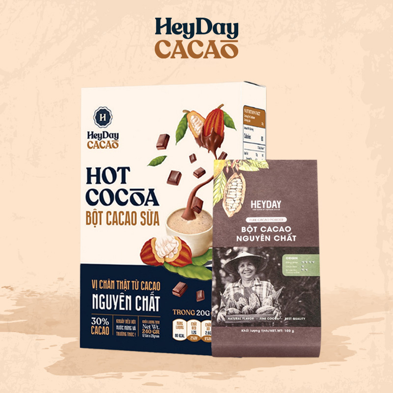 Combo Bột Cacao Sữa Heyday - Hộp Giấy 12 Gói x 20g và Bột cacao nguyên chất dòng Origin túi 100g