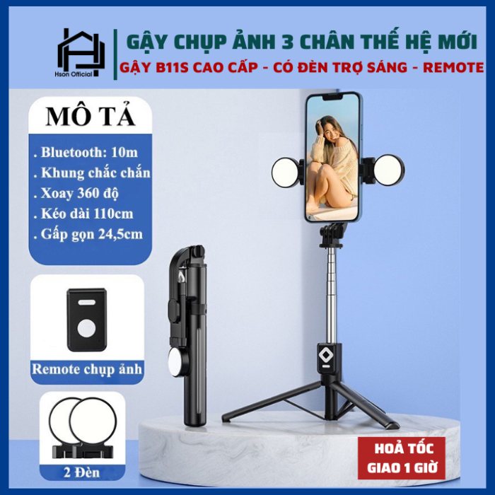 Gậy chụp ảnh 3 chân B11s thế hệ mới, có đèn led trợ sáng remote điều khiển từ xa,Gậy selfie chụp hình, tự sướng cao cấp