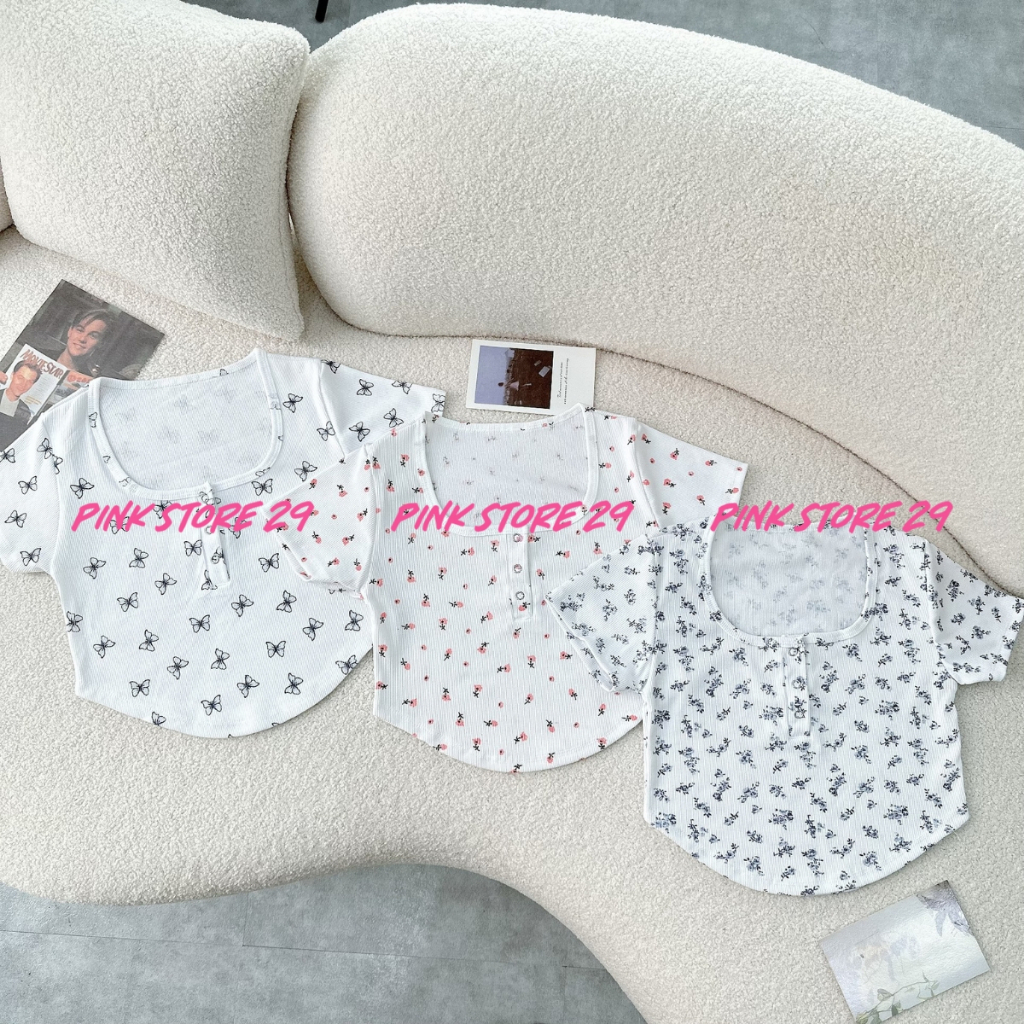 Áo croptop cổ vuông tay ngắn PINKSTORE29 vạt bầu họa tiết hoa nhí, dáng ôm gợi cảm A5132