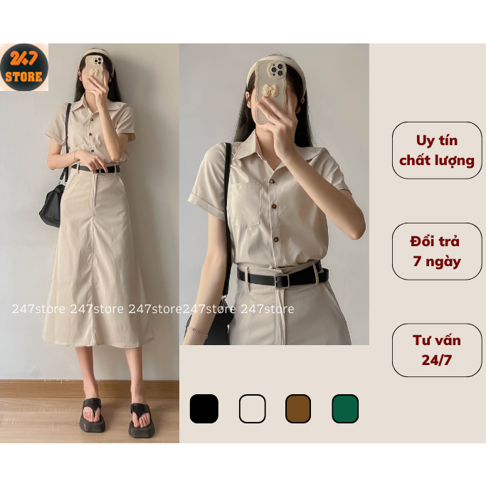 Sét công sở áo sơ mi + chân váy chất ka ki thô mềm hàng đẹp( kèm đai) 247store - shetkemdai036