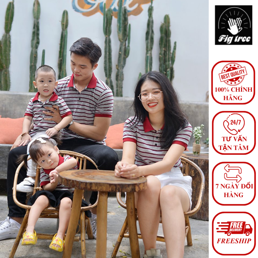 Set Áo Thun Polo Gia Đình Fig Tree Mẫu Mới Sọc Đỏ Xám Siêu Xinh