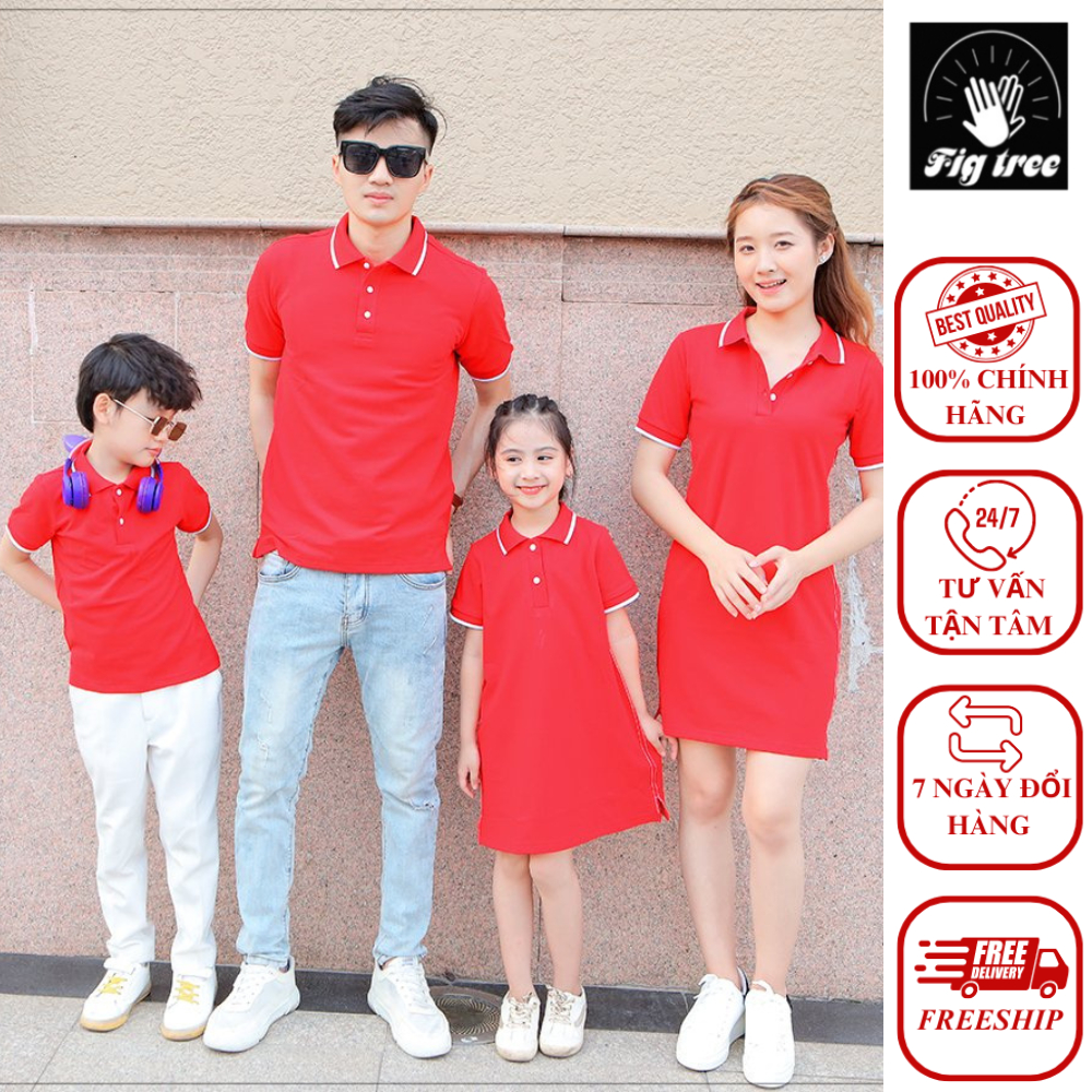 Combo Áo Váy Thun Polo Gia Đình Thương Hiệu Fig Tree Màu Đỏ Đón Tết 2023