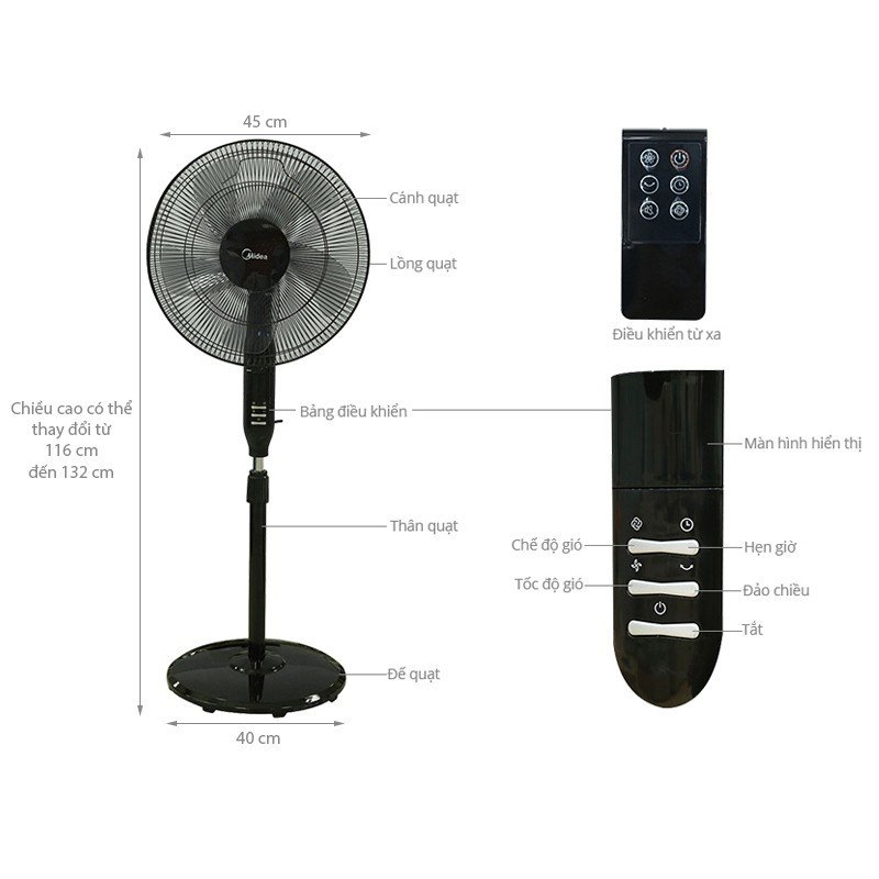 Quạt điện đứng cao cấp Midea FS40-15Q.\FS40-15QR Điều khiển từ xa HÀNG CHÍNH HÃNG