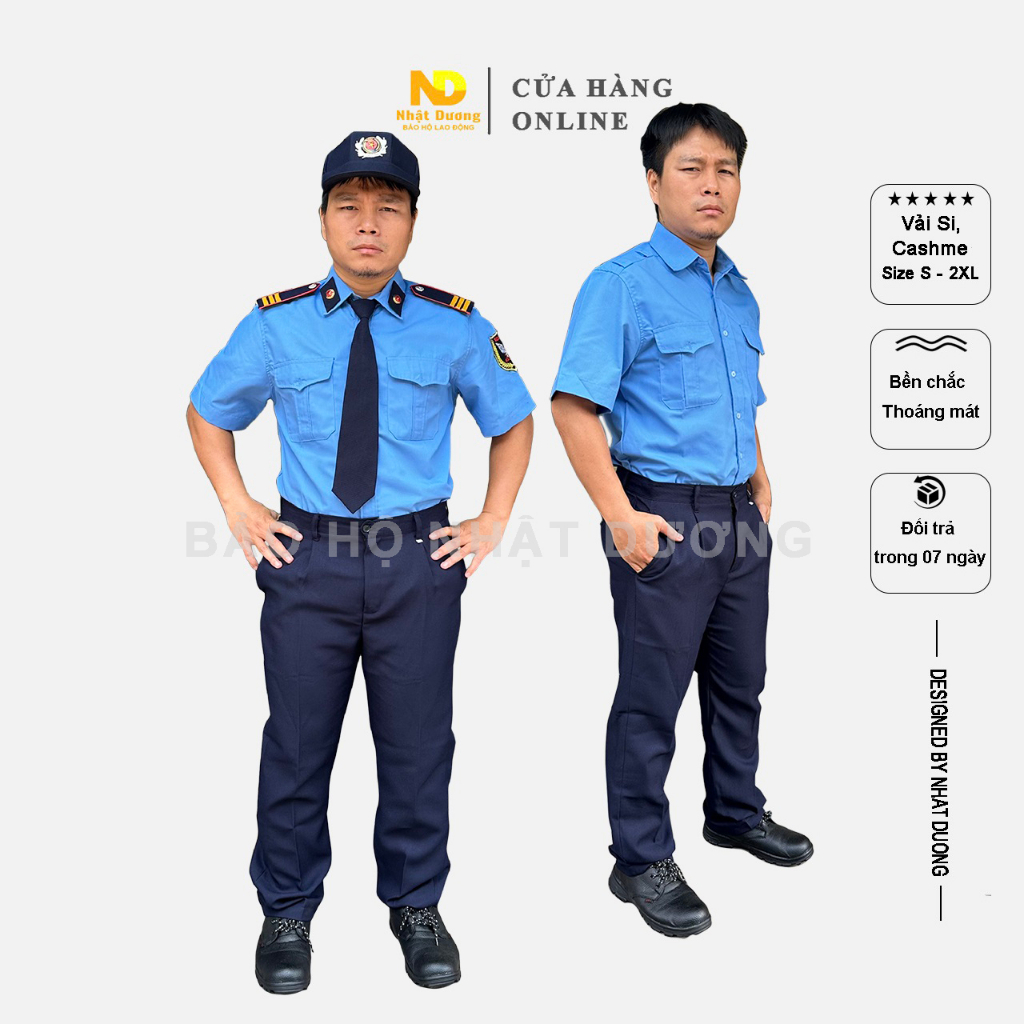 Đồng phục bảo vệ ngắn tay có logo, quần áo bảo vệ màu xanh may sẵn theo thông tư 08 NT02