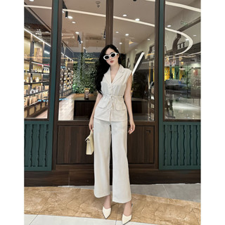 Set Bộ Đồ Công Sở Nữ Áo Cổ Vest Sát Nách Dáng Dài Mix Quần Xuông Kèm Dây Đai SB4051 - Lolla Fashion
