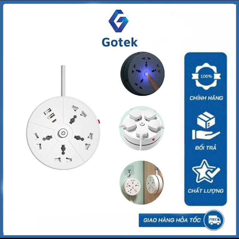 Ổ Cắm Điện Đa Năng Hình Tròn 2500W Có Đèn Ổ Điện Thông Minh Dây Dài 2m Tiết Kiệm Diện Tích Có Ổ 3 Chấu Cổng USB Type C