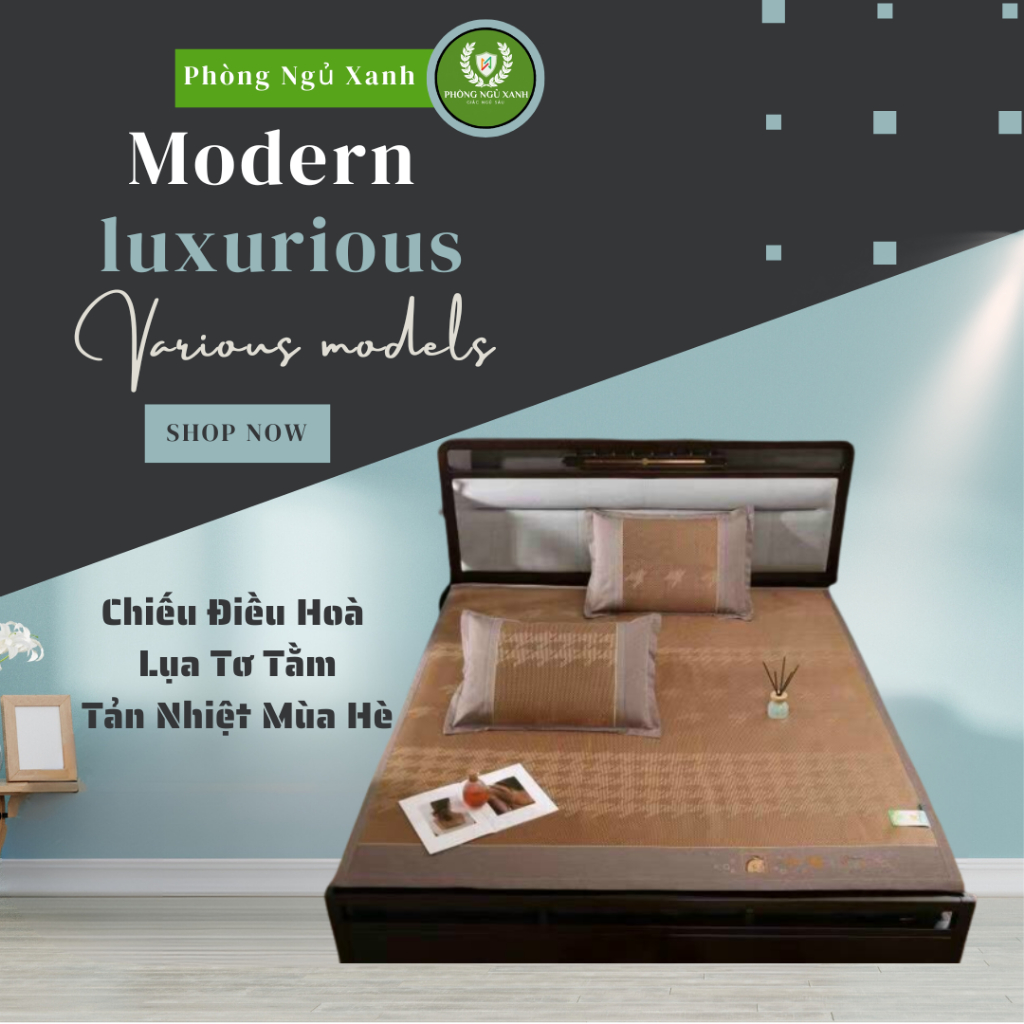 Chiếu điều hoà lụa tơ tằm cao cấp tặng kèm 2 vỏ gối cùng loại có túi đựng sang trọng Phòng Ngủ Xanh