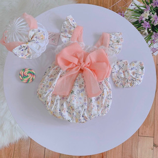 Body hoa nhí phối nơ nến màu hồng Min Boutique kèm turban và giày cho bé gái từ 4-11kg. Đầm đầy tháng, thôi nôi cho bé