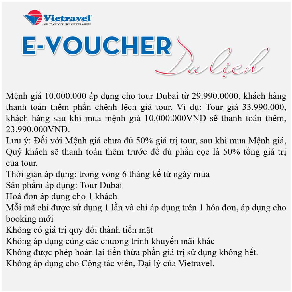 [EVoucher Vietravel] Mệnh giá 10.000.000 VND áp dụng cho tour Dubai từ