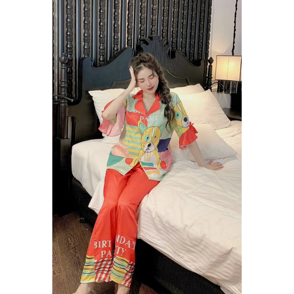 Đồ ngủ Pijama lụa xước 3D tay ngắn quần dài mẫu mới