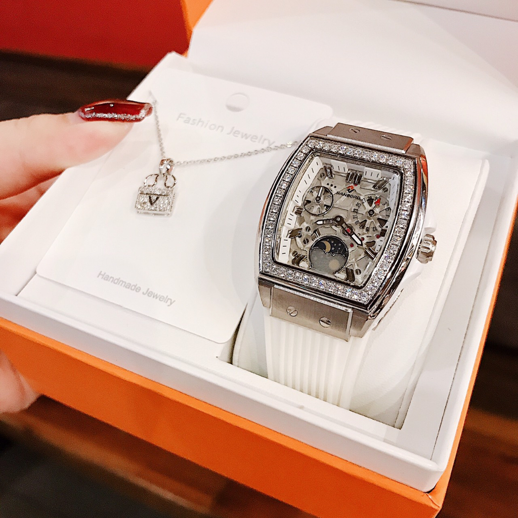 Đồng hồ nữ Hanboro MoonPhase HBO9484, Dây cao su, Authentic, fullbox, Luxury diamond watch