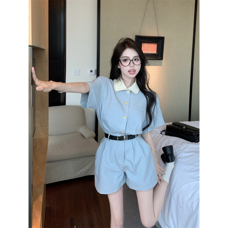 (Order) Jumpsuit nữ kèm đai thắt lưng bộ đồ liền thân nữ áo sơ mi cổ sen quần cạp cao ống rộng hack chân hot ulzzang