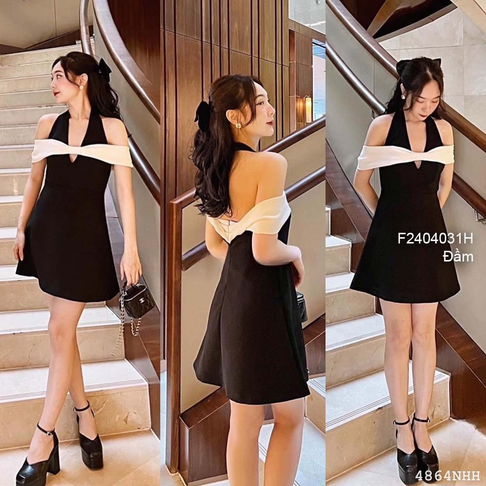 Đầm xoè cổ yếm ngực phối nơ rớt vai!