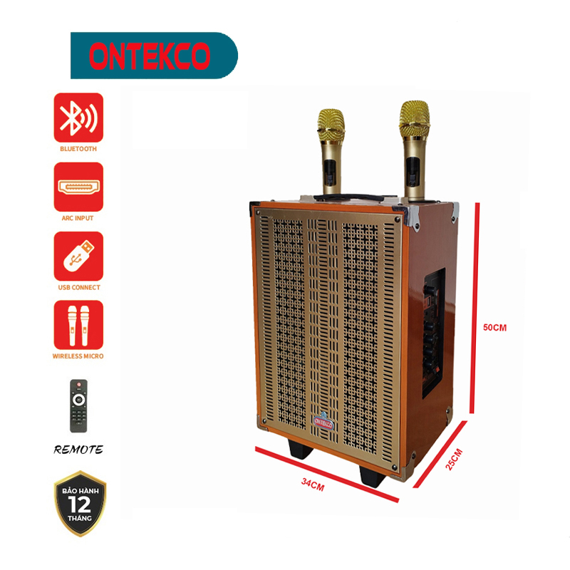 Loa kéo gỗ ONTEKCO 8002 kèm 2 micro không dây chuyên nghiệp, Bass 20 nhỏ gọn công xuất lớn