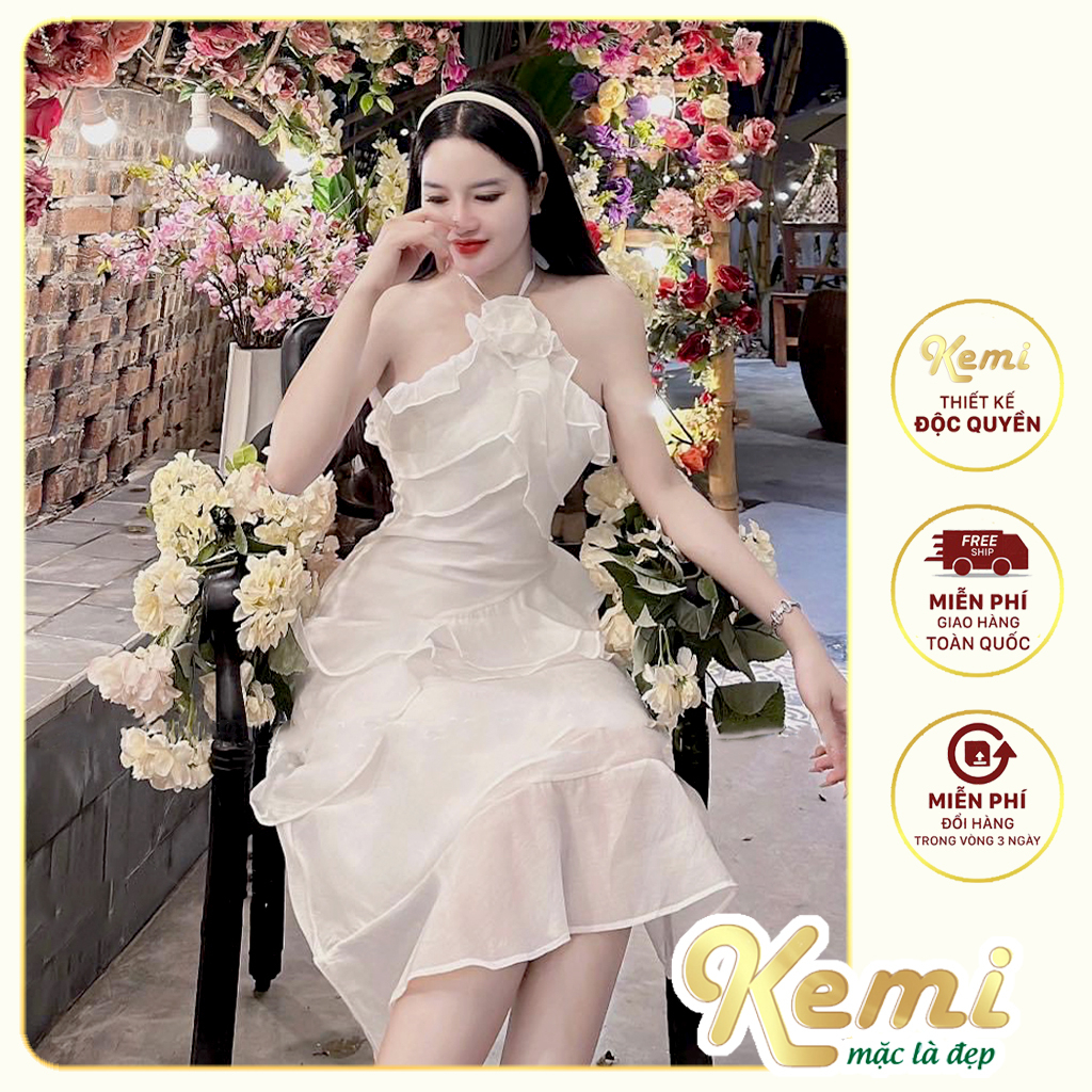 Váy Đầm cổ yếm kết hoa Kemi cao cấp tơ óng 2 lớp dành cho du lịch, đi biển, dự tiệc